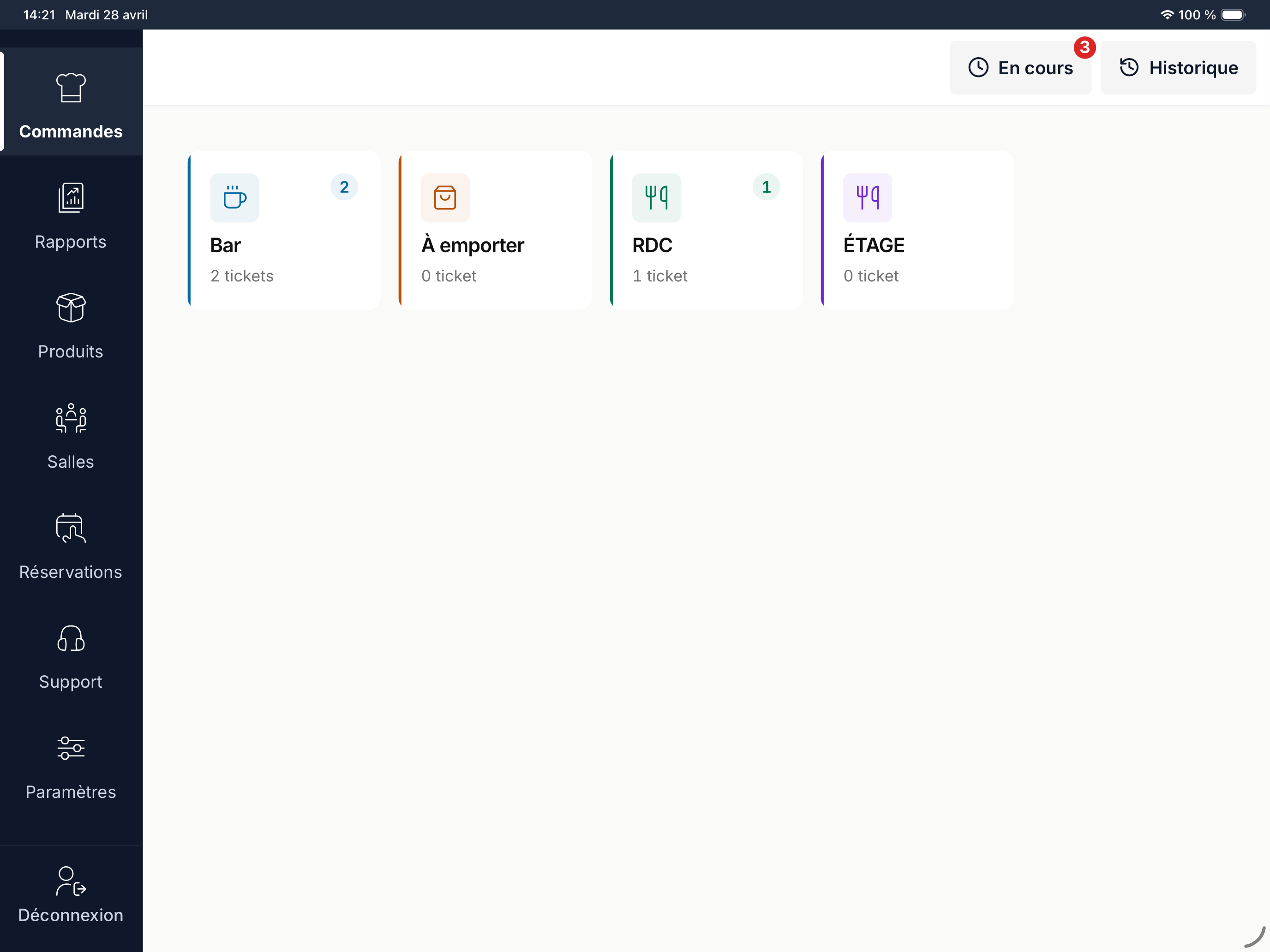 Vue commandes en cours dans la caisse HubCaisse — Bar, À emporter, RDC, Étage
