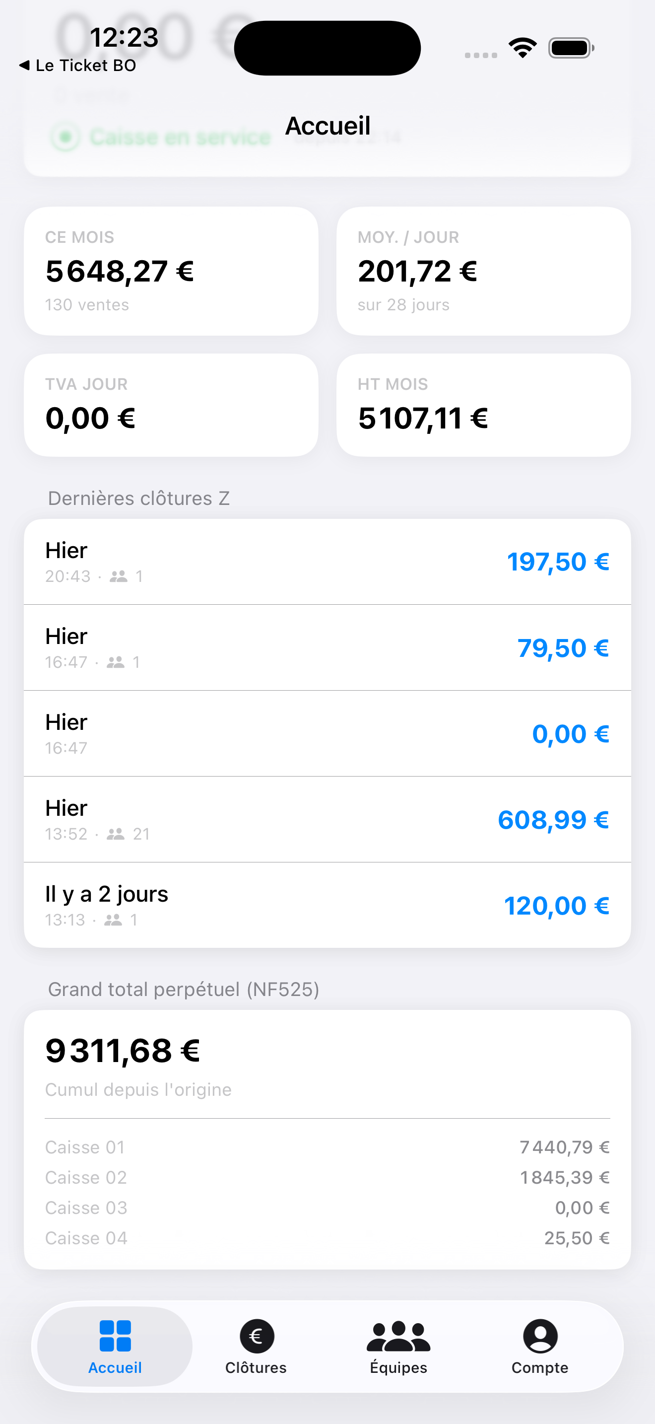 Backoffice mobile HubCaisse — chiffre du jour, ventes et clôtures