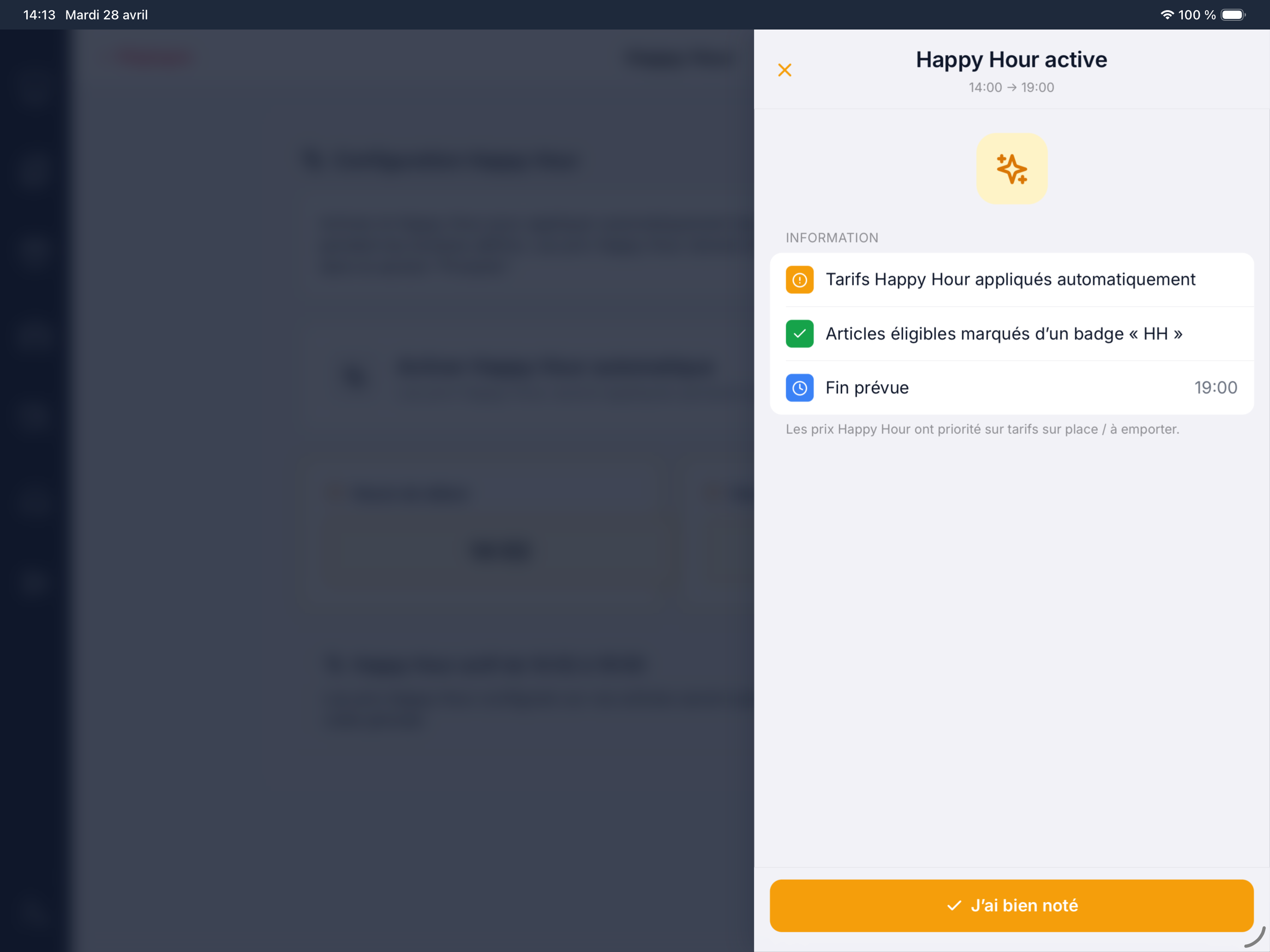 Modal Happy Hour active dans HubCaisse — tarifs Happy Hour appliqués automatiquement, articles éligibles, fin prévue