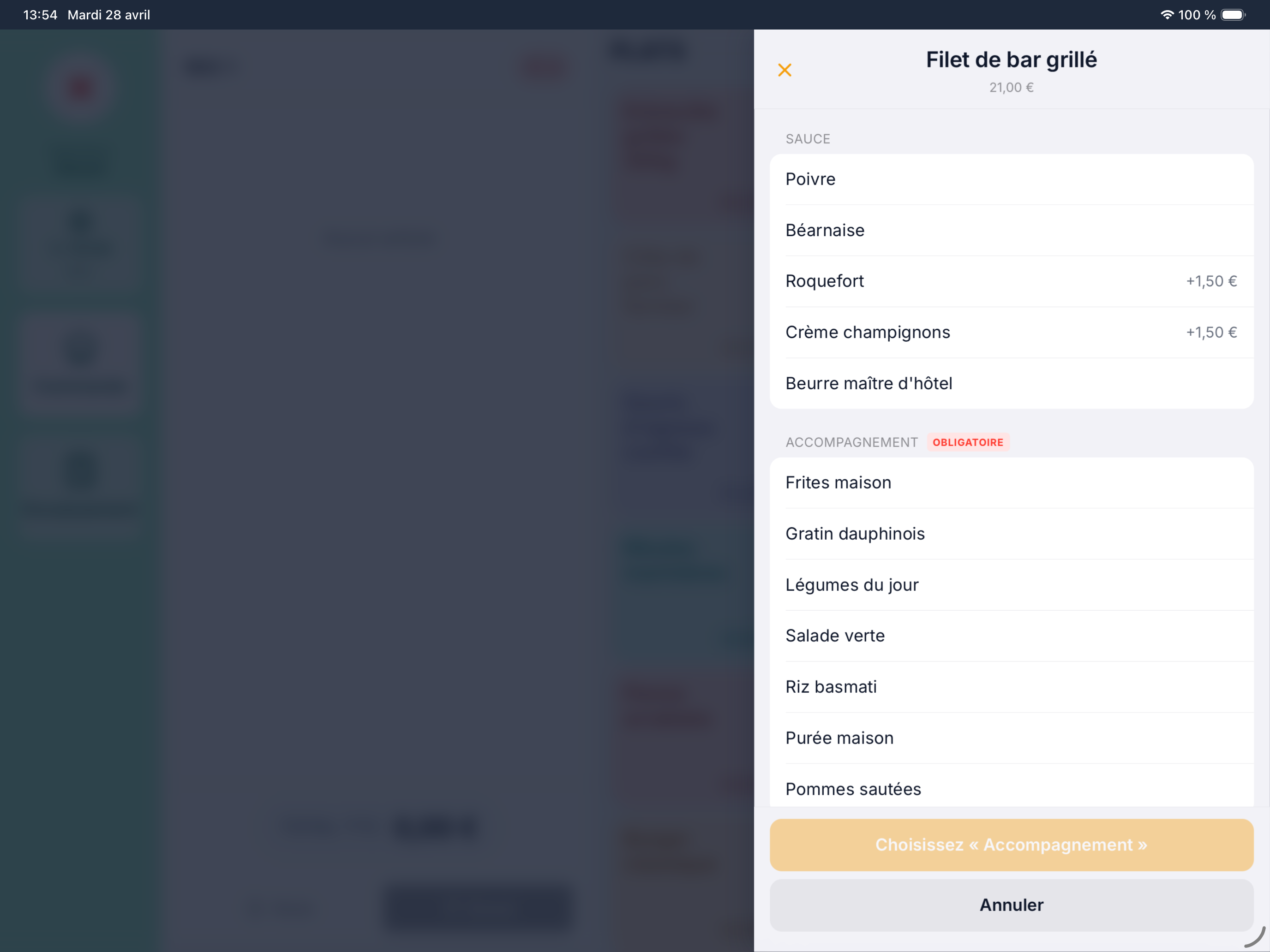 Choix des sauces et accompagnements depuis la caisse HubCaisse sur iPad
