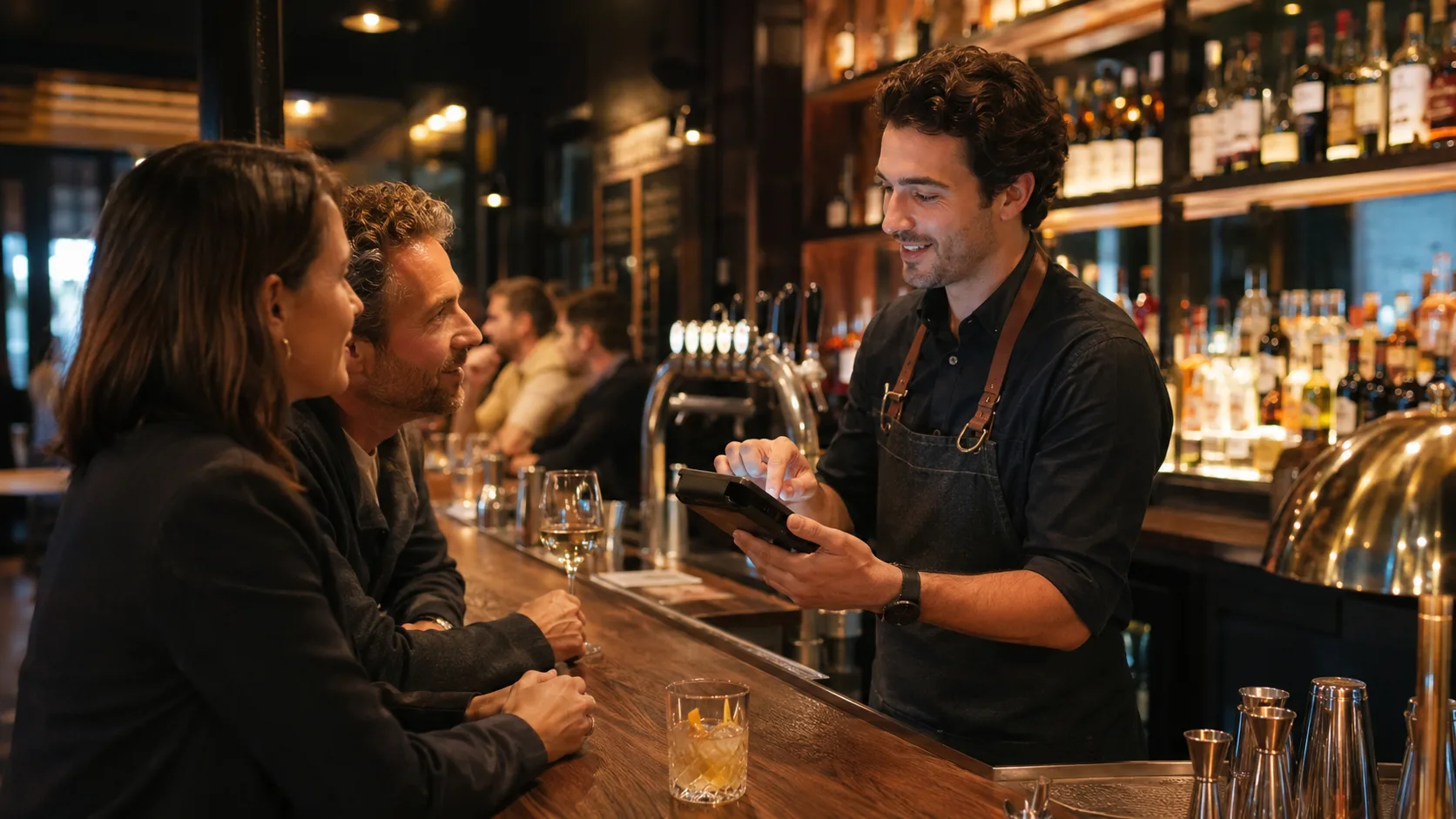 Barman servant des clients au comptoir d’un bar équipé de HubCaisse