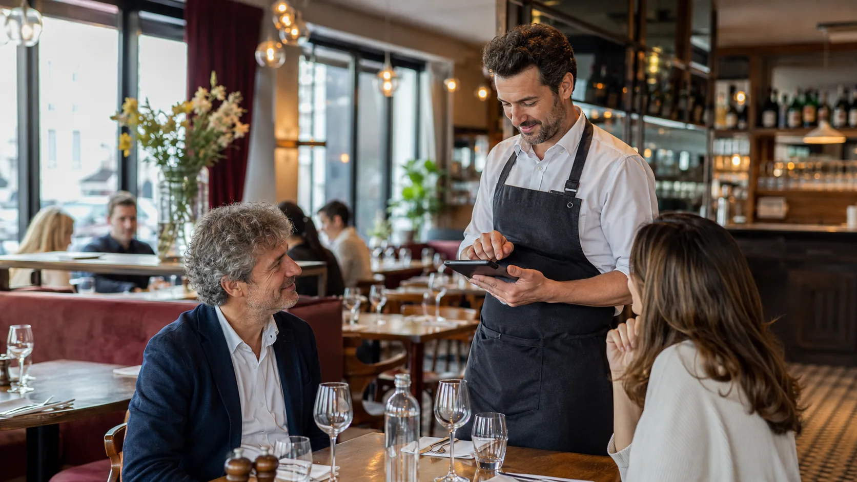 Serveur prenant une commande à table dans un restaurant équipé de HubCaisse